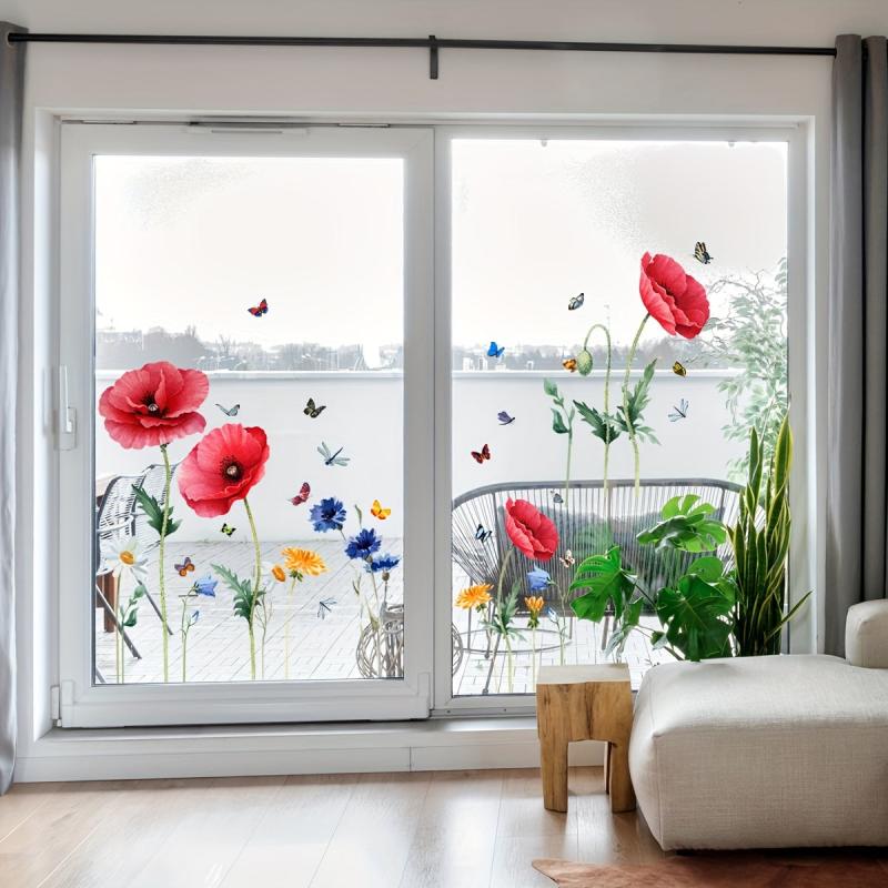 Red Poppy Flower Butterfly Glass Sticker Room Decor