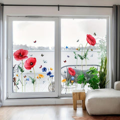 Red Poppy Flower Butterfly Glass Sticker Room Decor