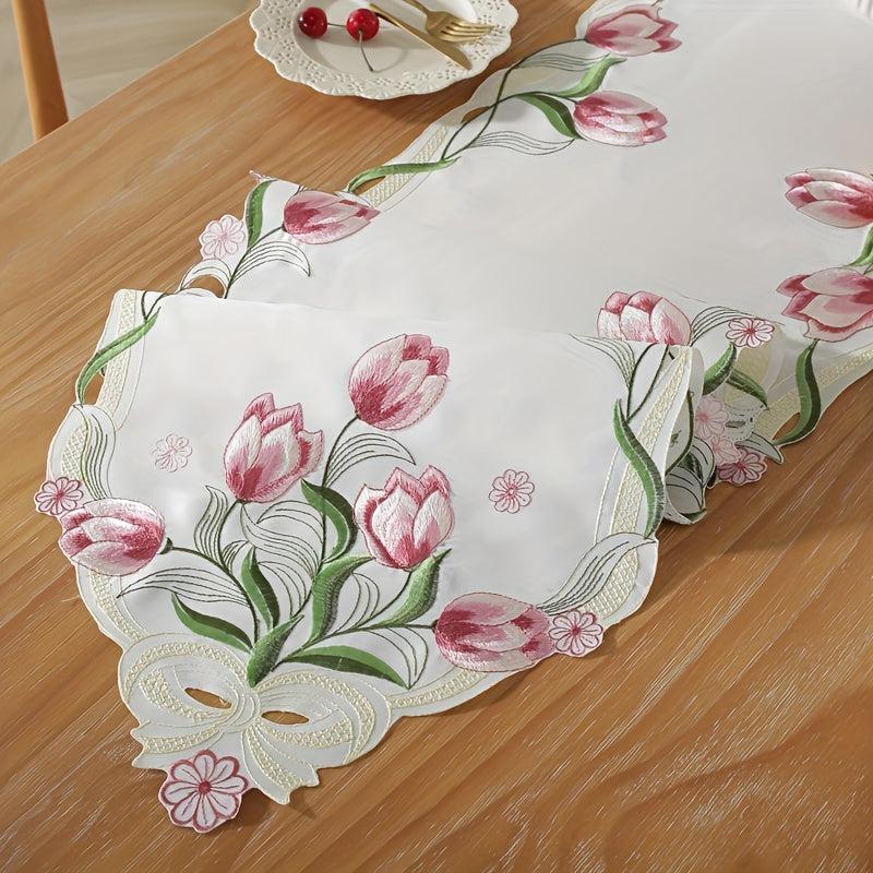 Satin Tulip Flower Table Runner Red Yellow Print Spring Summer Table Runner