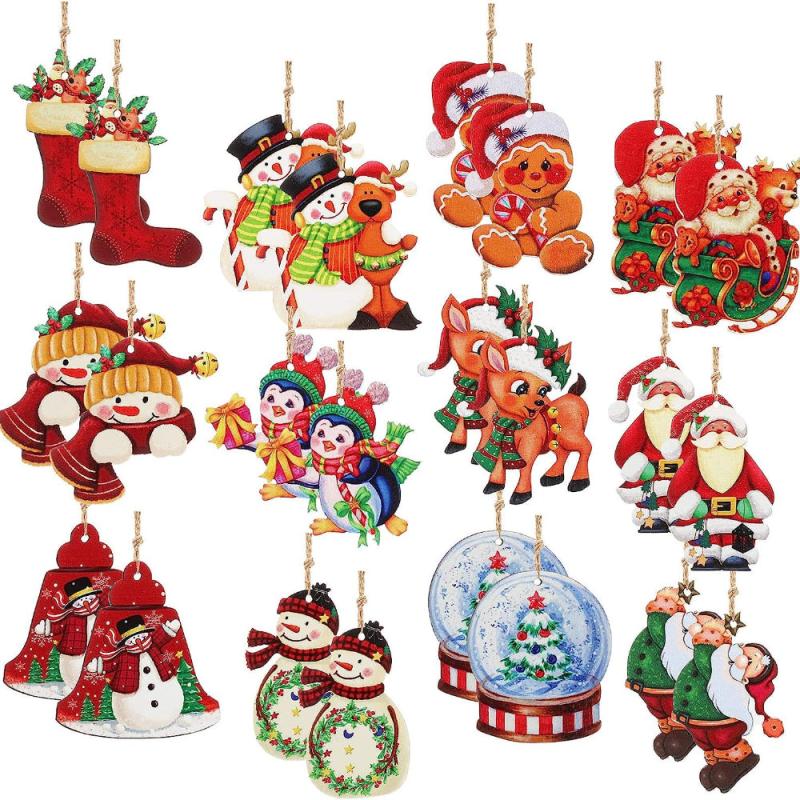 24pcs Wooden Christmas Ball Santa & Snowman Theme Party Home Decorations