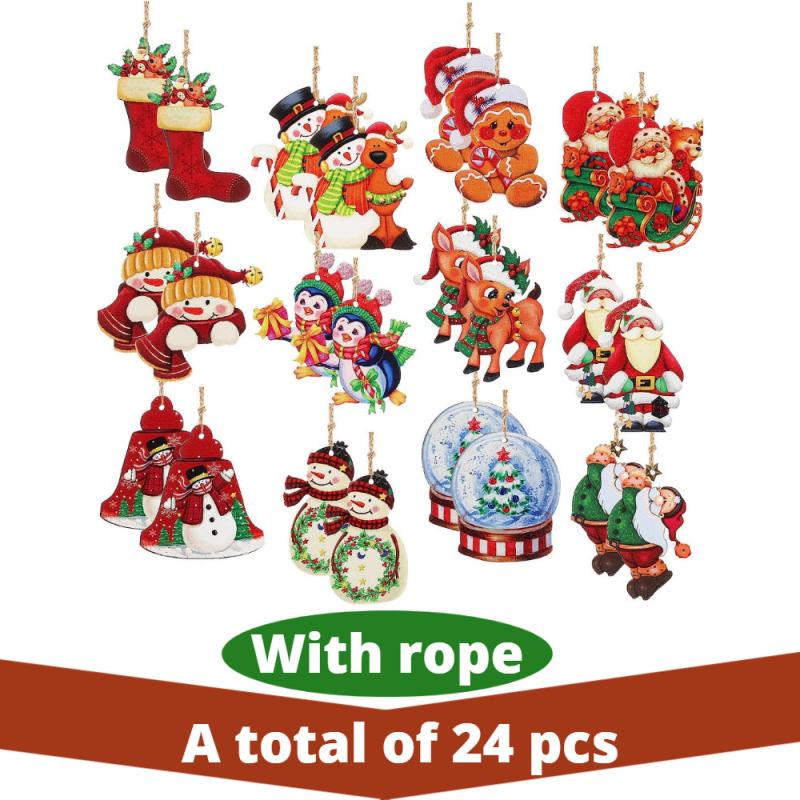24pcs Wooden Christmas Ball Santa & Snowman Theme Party Home Decorations