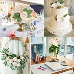 25pcs Artificial Cream Roses Flowers With Stems DIY Crafts Outdoor Parties Decor