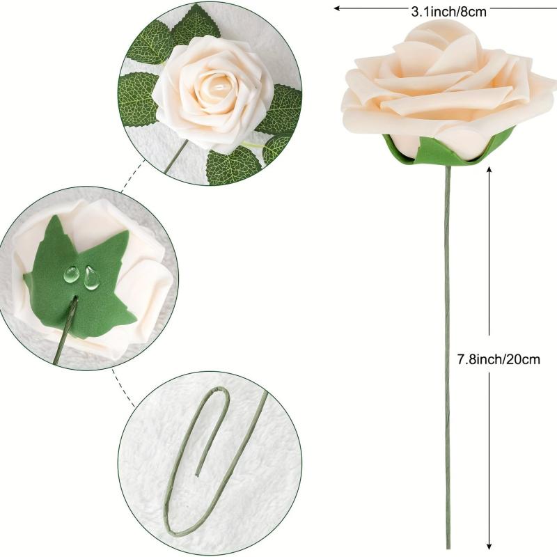 25pcs Artificial Cream Roses Flowers With Stems DIY Crafts Outdoor Parties Decor
