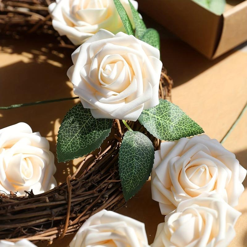 25pcs Artificial Cream Roses Flowers With Stems DIY Crafts Outdoor Parties Decor
