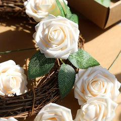 25pcs Artificial Cream Roses Flowers With Stems DIY Crafts Outdoor Parties Decor
