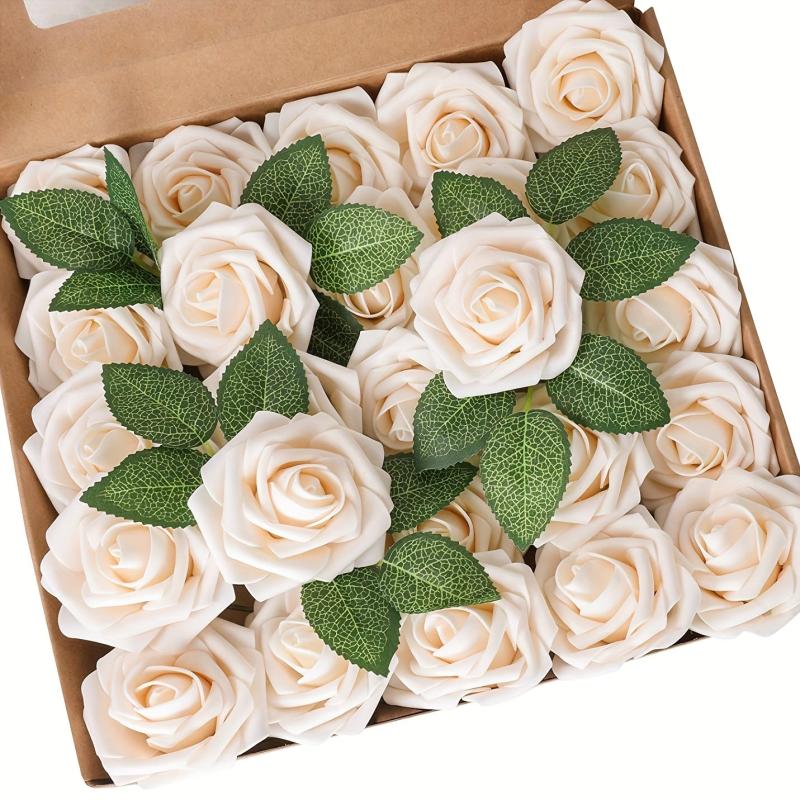 25pcs Artificial Cream Roses Flowers With Stems DIY Crafts Outdoor Parties Decor