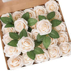 25pcs Artificial Cream Roses Flowers With Stems DIY Crafts Outdoor Parties Decor