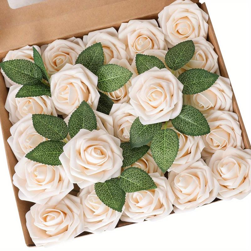 25pcs Artificial Cream Roses Flowers With Stems DIY Crafts Outdoor Parties Decor