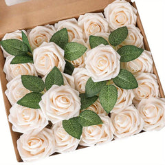 25pcs Artificial Cream Roses Flowers With Stems DIY Crafts Outdoor Parties Decor