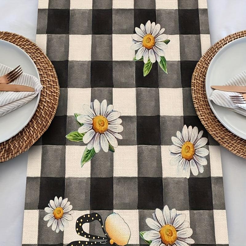 Plaid Bee Gnome Daisy Linen Table Runner 13''x72'' Spring Summer Room Decor