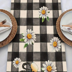 Plaid Bee Gnome Daisy Linen Table Runner 13''x72'' Spring Summer Room Decor