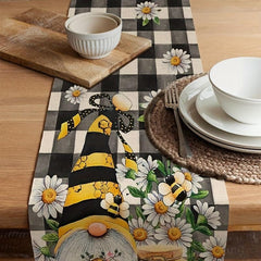 Plaid Bee Gnome Daisy Linen Table Runner 13''x72'' Spring Summer Room Decor