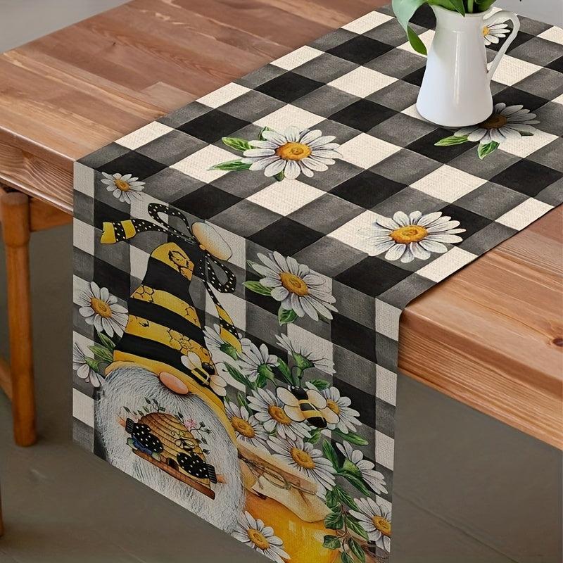 Plaid Bee Gnome Daisy Linen Table Runner 13''x72'' Spring Summer Room Decor