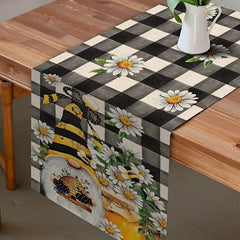Plaid Bee Gnome Daisy Linen Table Runner 13''x72'' Spring Summer Room Decor
