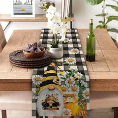 Plaid Bee Gnome Daisy Linen Table Runner 13''x72'' Spring Summer Room Decor