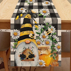 Plaid Bee Gnome Daisy Linen Table Runner 13''x72'' Spring Summer Room Decor