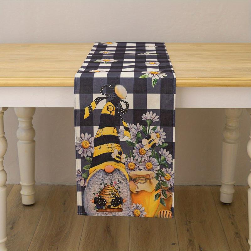 Plaid Bee Gnome Daisy Linen Table Runner 13''x72'' Spring Summer Room Decor