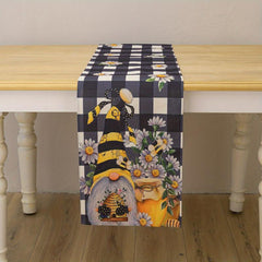 Plaid Bee Gnome Daisy Linen Table Runner 13''x72'' Spring Summer Room Decor