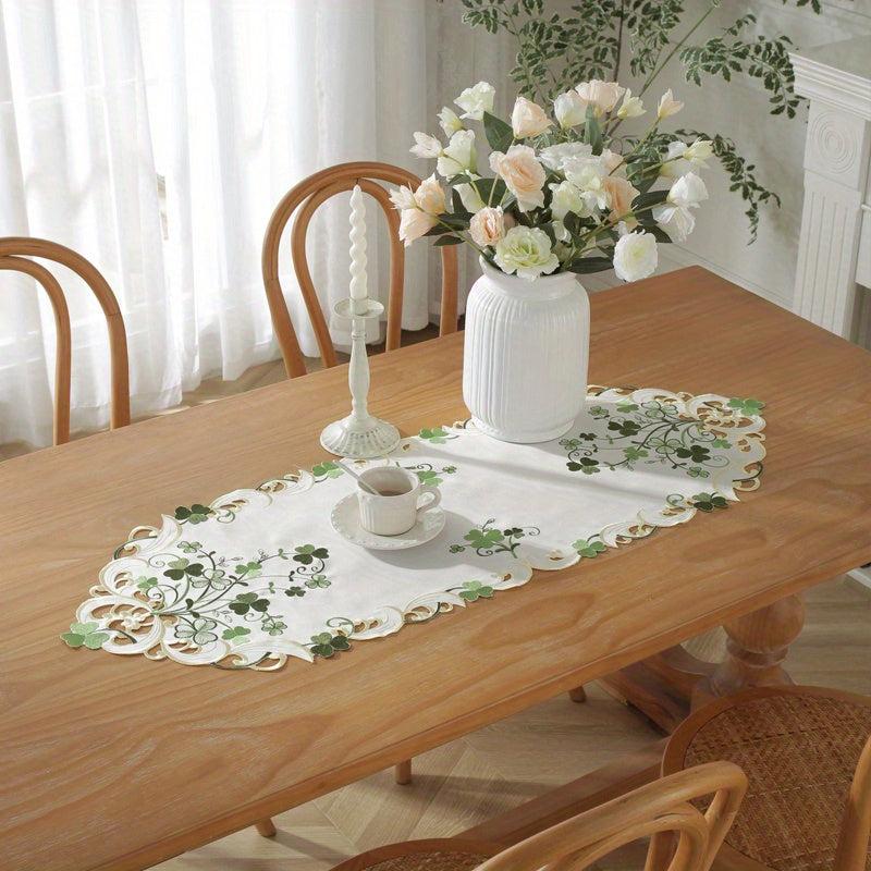 Polyester Fabric Tablecloth Clover Flower Pattern Hollow out Table Runn