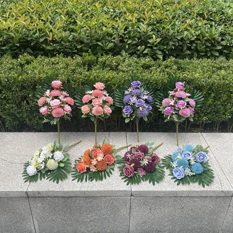 Artificial Cemetery Flowers Realistic Faux Camellia Rose Bouquet