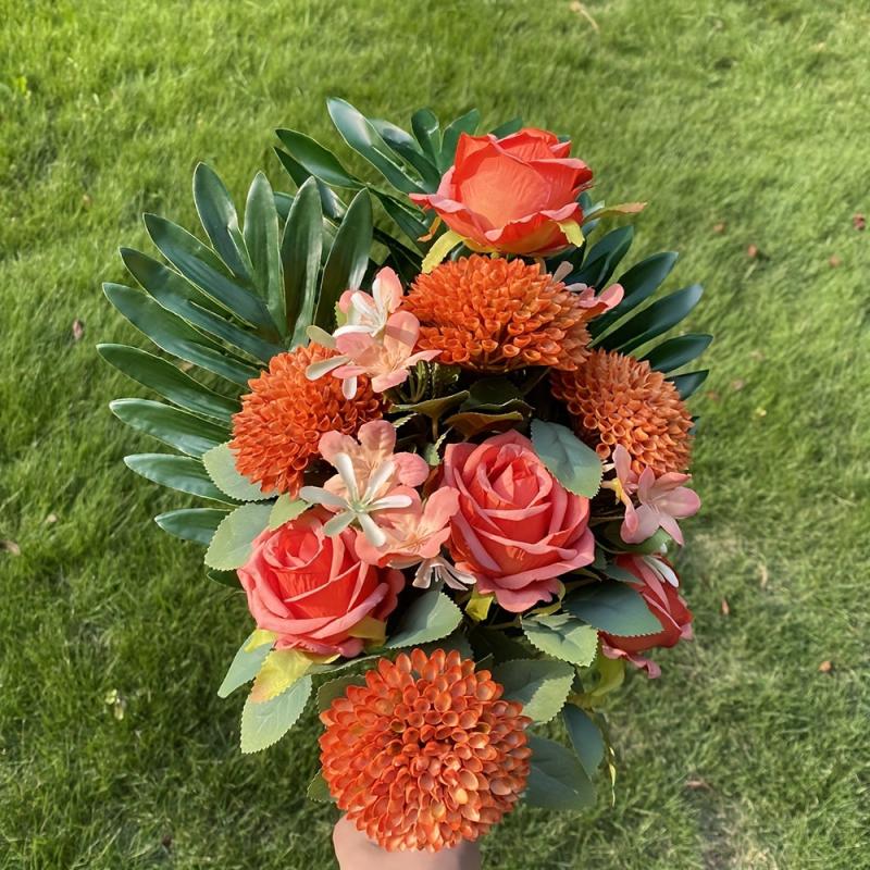 Artificial Cemetery Flowers Realistic Faux Camellia Rose Bouquet