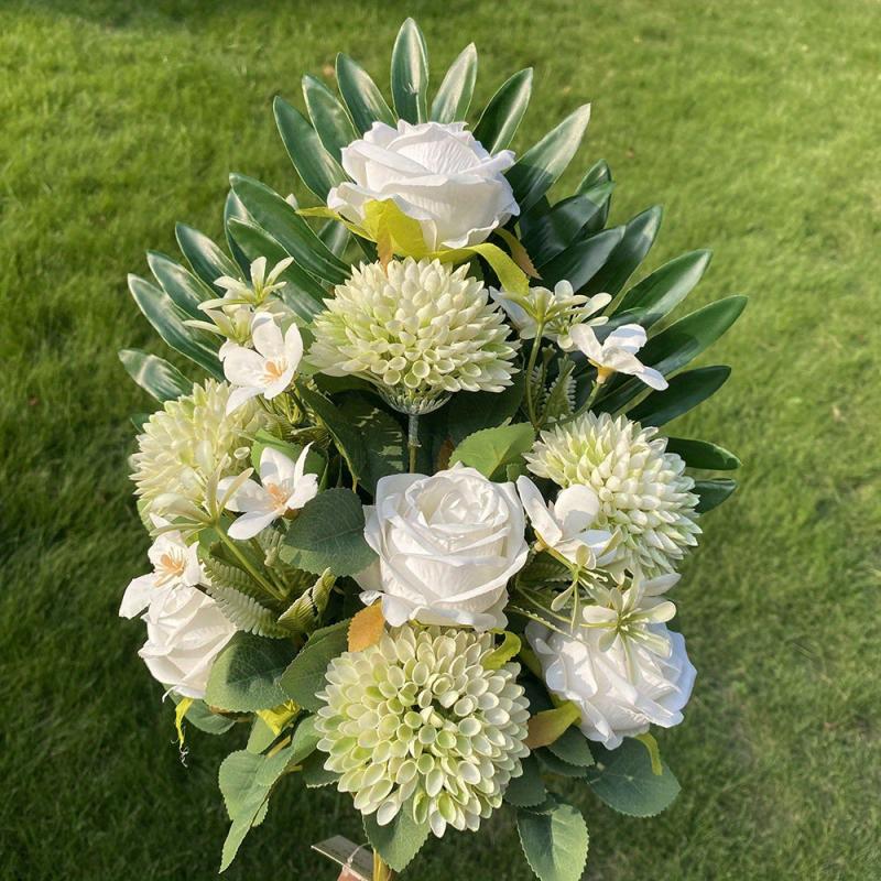 Artificial Cemetery Flowers Realistic Faux Camellia Rose Bouquet