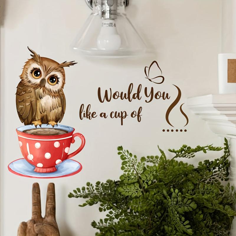 Coffee Cup Owl Self Adhesive Wall Sticker Decor