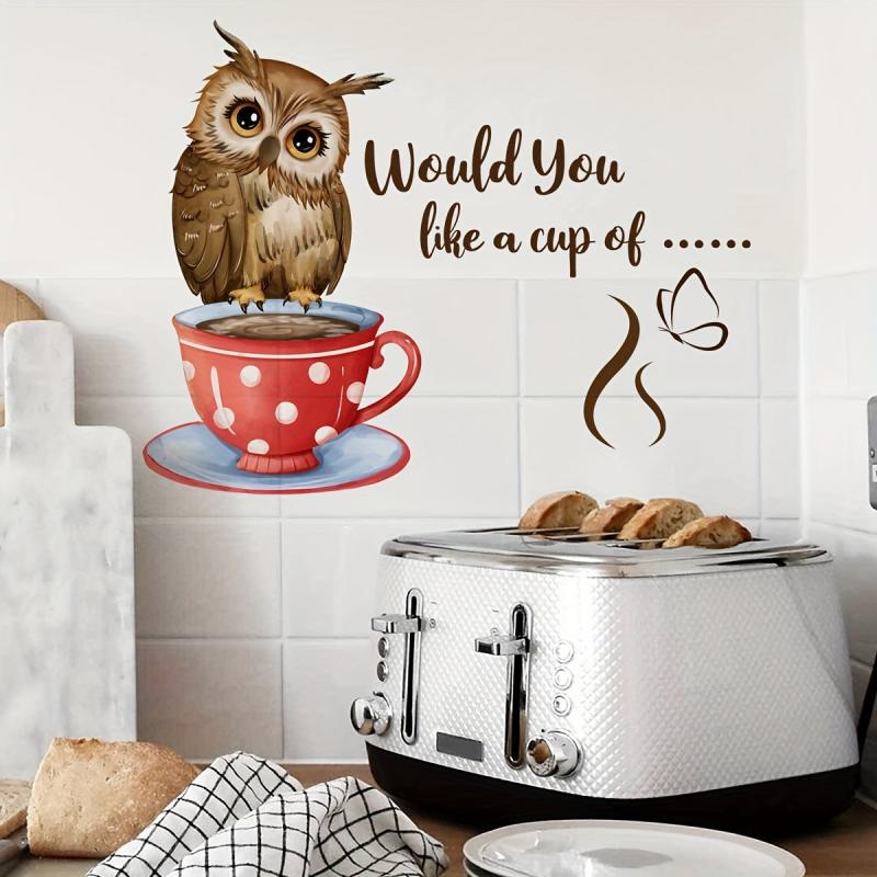 Coffee Cup Owl Self Adhesive Wall Sticker Decor