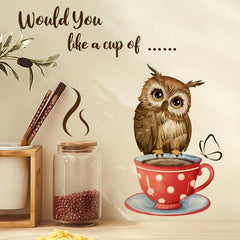 Coffee Cup Owl Self Adhesive Wall Sticker Decor