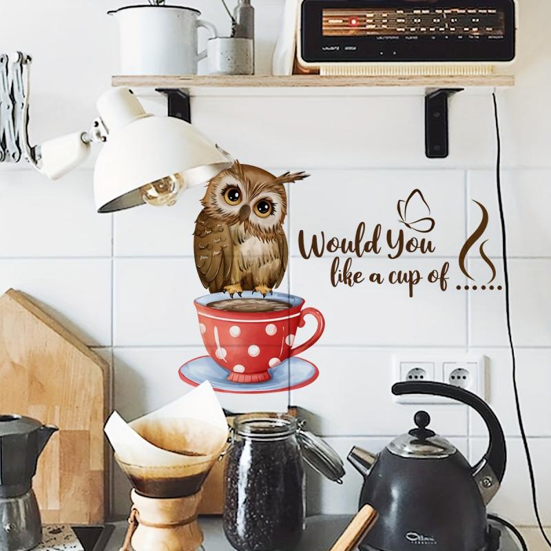 Coffee Cup Owl Self Adhesive Wall Sticker Decor
