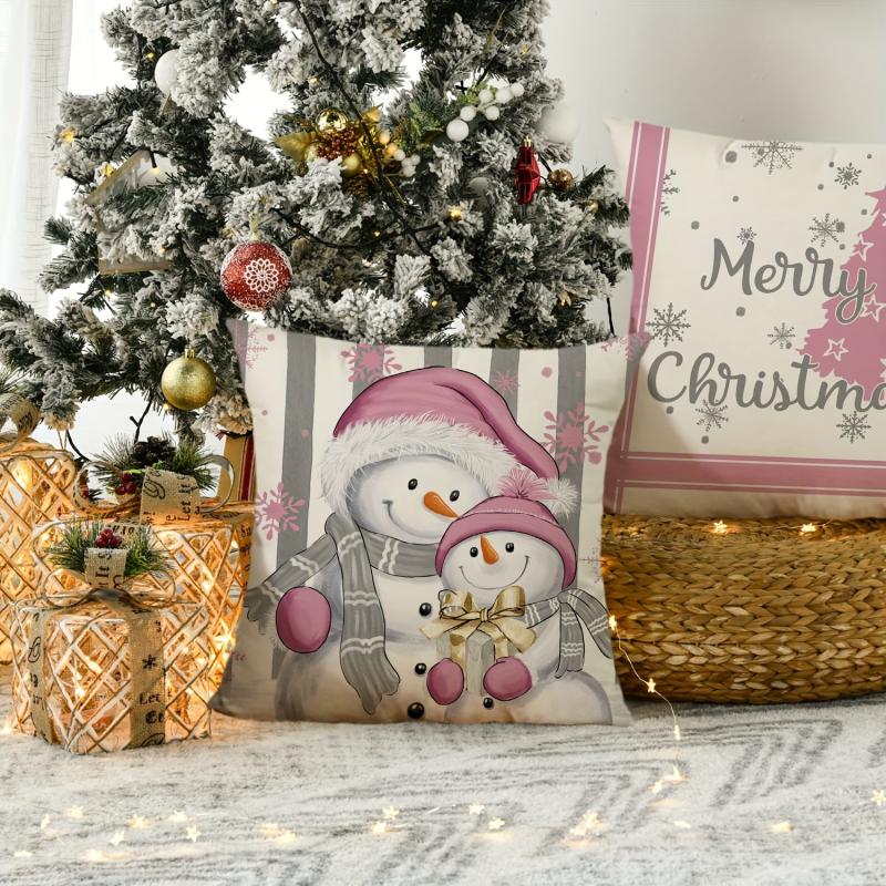 Pink Christmas Snowman Throw Pillow Cover 44x44cm Winter Holiday Cushion Case