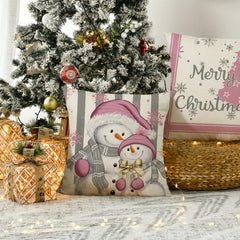 Pink Christmas Snowman Throw Pillow Cover 44x44cm Winter Holiday Cushion Case