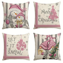 Pink Christmas Snowman Throw Pillow Cover 44x44cm Winter Holiday Cushion Case