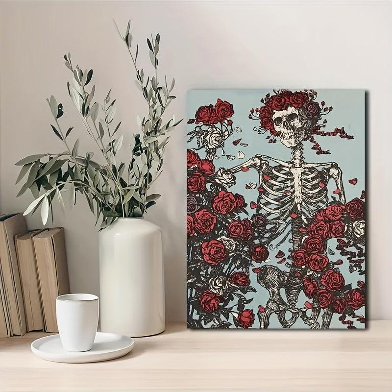 Canvas Poster Modern Art Blooming Rose Skull Canvas Wall Art