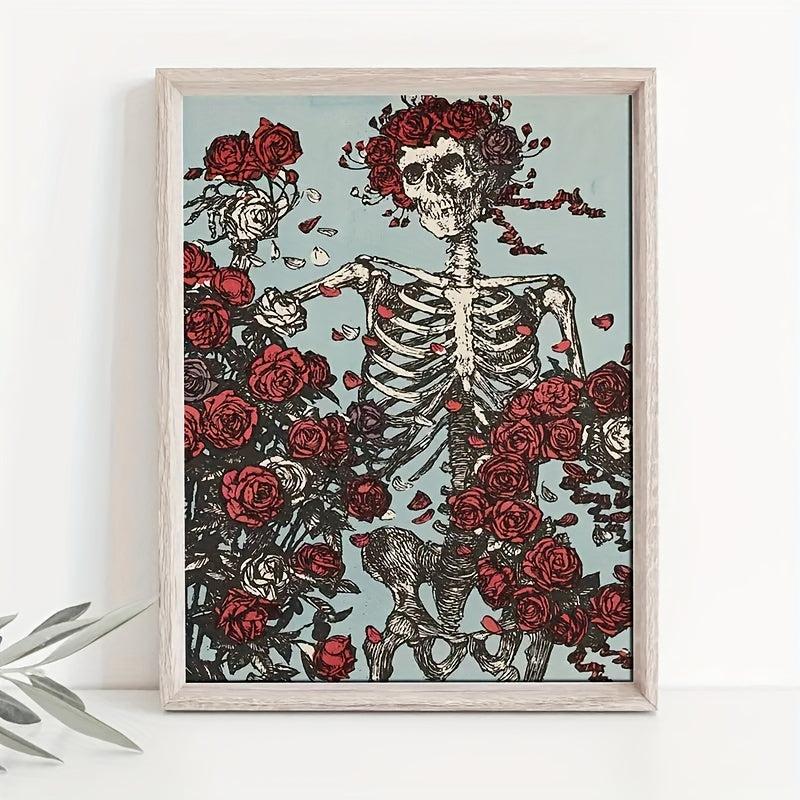 Canvas Poster Modern Art Blooming Rose Skull Canvas Wall Art