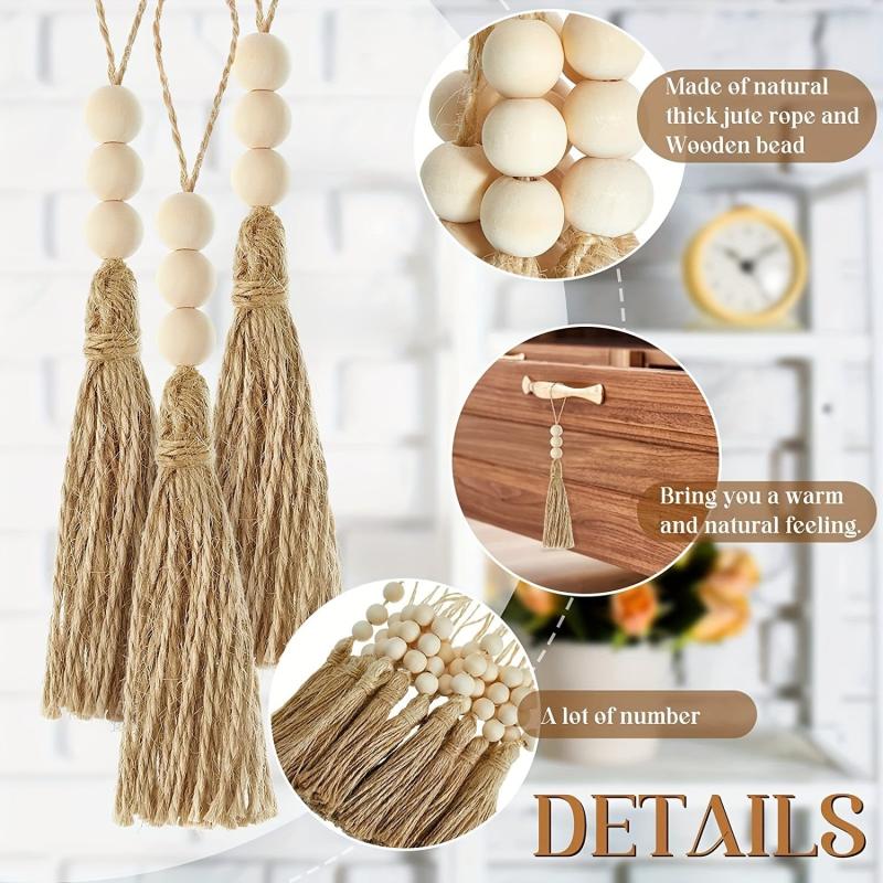3 Pack Jute Rope Tassel With 3 Wood Beads for Christmas Tree DIY Craft
