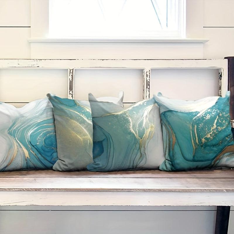 Marble Texture Turquoise & Golden Silvery Throw Pillow Cover Abstract Art