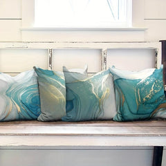Marble Texture Turquoise & Golden Silvery Throw Pillow Cover Abstract Art