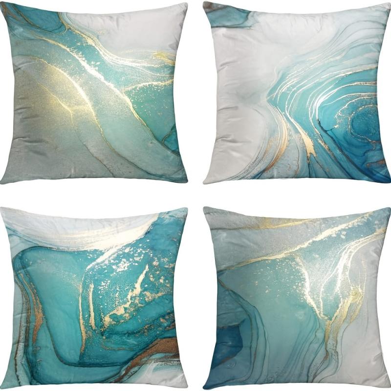 Marble Texture Turquoise & Golden Silvery Throw Pillow Cover Abstract Art