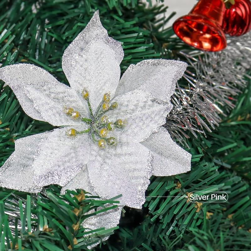 12pcs Gold Glitter Poinsettia Christmas Decorations
