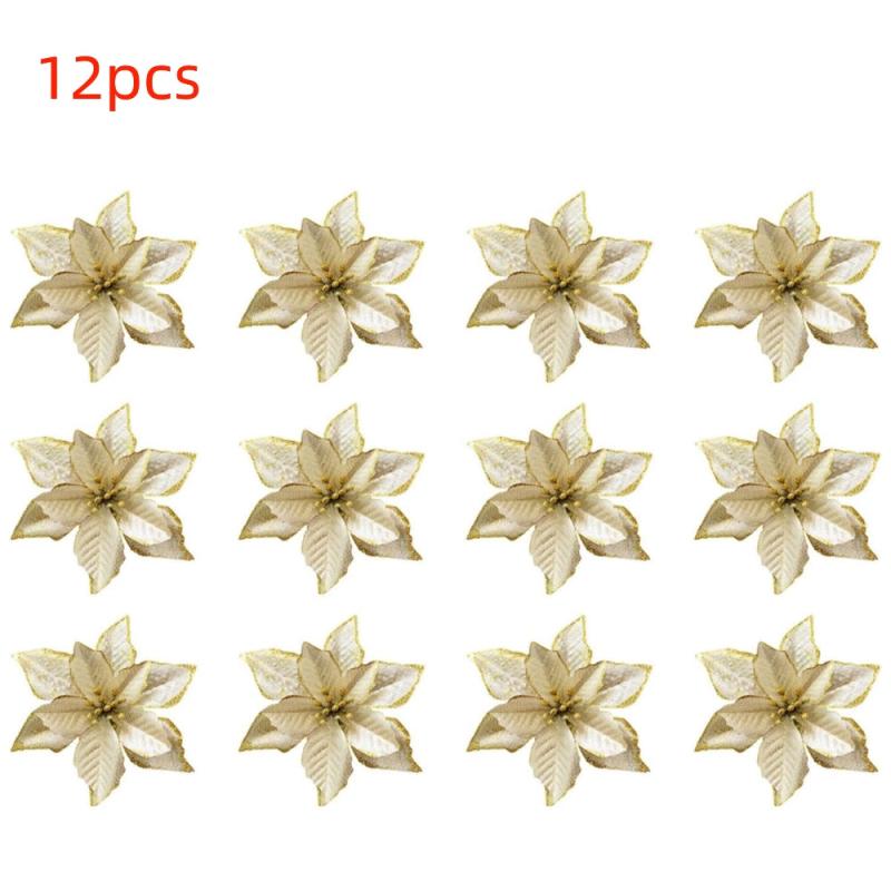 12pcs Gold Glitter Poinsettia Christmas Decorations