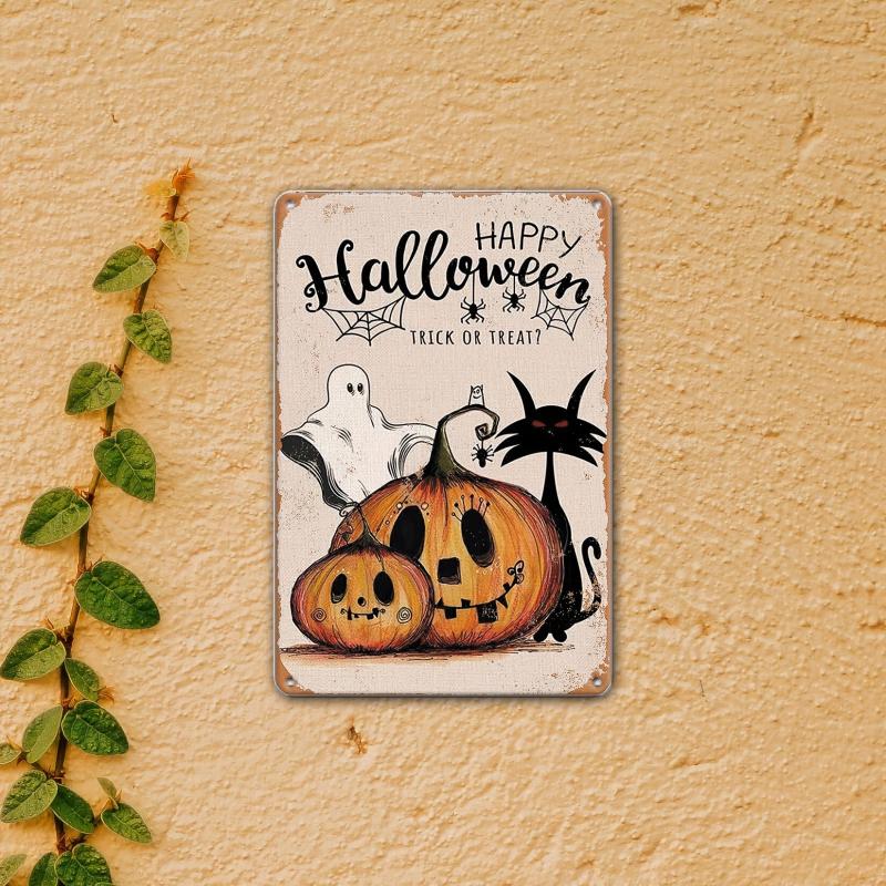 Vintage Metal Tin Sign Happy Halloween Trick Or Treat Pumpkin Tin Sign