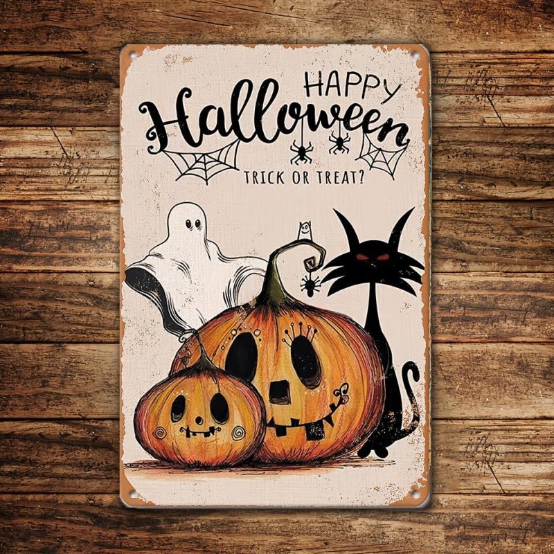 Vintage Metal Tin Sign Happy Halloween Trick Or Treat Pumpkin Tin Sign