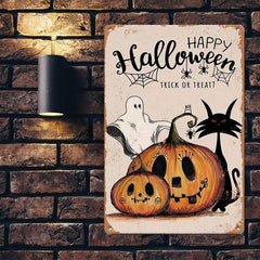 Vintage Metal Tin Sign Happy Halloween Trick Or Treat Pumpkin Tin Sign