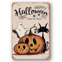 Vintage Metal Tin Sign Happy Halloween Trick Or Treat Pumpkin Tin Sign