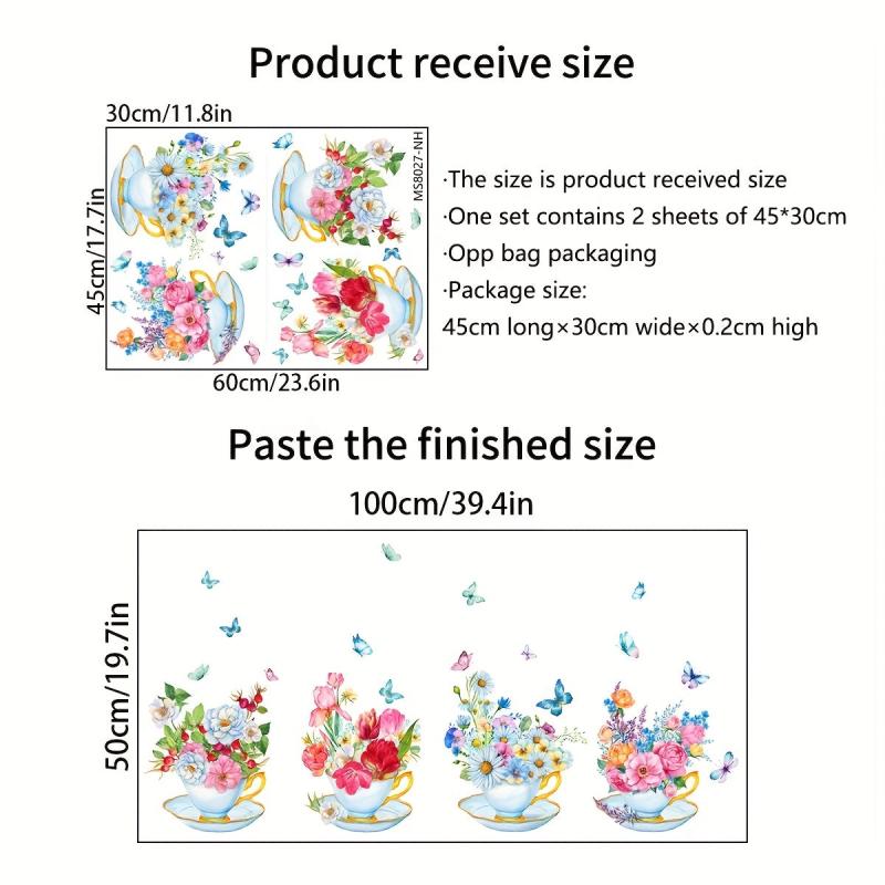 4pcs Pastoral Style Plant Flowers Butterfly Wall Stickers