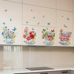 4pcs Pastoral Style Plant Flowers Butterfly Wall Stickers