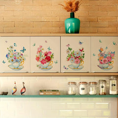 4pcs Pastoral Style Plant Flowers Butterfly Wall Stickers