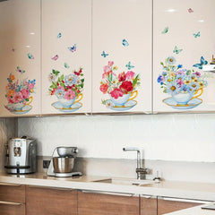 4pcs Pastoral Style Plant Flowers Butterfly Wall Stickers