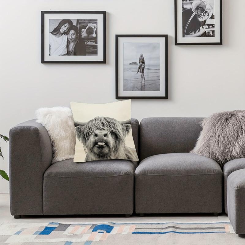 Cow Square Linen Cushion Cover 45cmx45cm Highland Cow Print Pillow Cover